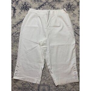 D&Co Womens White Capri Pants Large Pull On Stretch Cotton Blend Button Hem